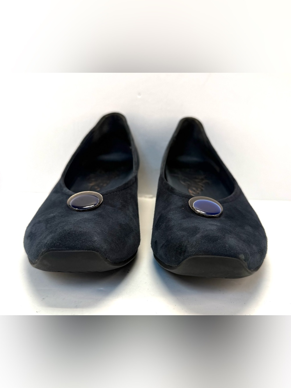 Think! Navy Blue Suede Low wedge Heel Flats with Blue jewel Accent size 10 - Picture 5 of 16